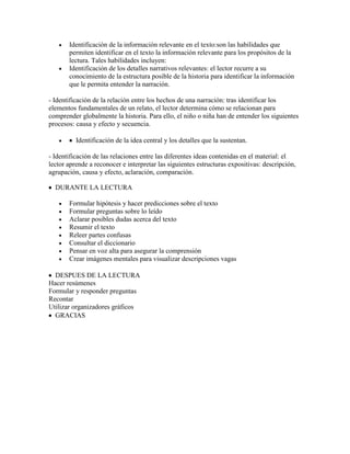 Identificación de la información relevante en el texto:son las habilidades que
       permiten identificar en el texto la información relevante para los propósitos de la
       lectura. Tales habilidades incluyen:
       Identificación de los detalles narrativos relevantes: el lector recurre a su
       conocimiento de la estructura posible de la historia para identificar la información
       que le permita entender la narración.

- Identificación de la relación entre los hechos de una narración: tras identificar los
elementos fundamentales de un relato, el lector determina cómo se relacionan para
comprender globalmente la historia. Para ello, el niño o niña han de entender los siguientes
procesos: causa y efecto y secuencia.

          Identificación de la idea central y los detalles que la sustentan.

- Identificación de las relaciones entre las diferentes ideas contenidas en el material: el
lector aprende a reconocer e interpretar las siguientes estructuras expositivas: descripción,
agrupación, causa y efecto, aclaración, comparación.

  DURANTE LA LECTURA

       Formular hipótesis y hacer predicciones sobre el texto
       Formular preguntas sobre lo leído
       Aclarar posibles dudas acerca del texto
       Resumir el texto
       Releer partes confusas
       Consultar el diccionario
       Pensar en voz alta para asegurar la comprensión
       Crear imágenes mentales para visualizar descripciones vagas

  DESPUES DE LA LECTURA
Hacer resúmenes
Formular y responder preguntas
Recontar
Utilizar organizadores gráficos
  GRACIAS
 