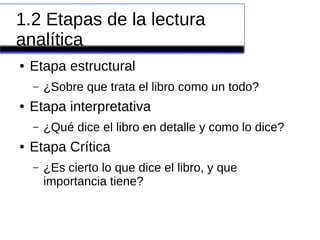 1.2 Etapas de la lectura
analítica
● Etapa estructural
– ¿Sobre que trata el libro como un todo?
● Etapa interpretativa
– ¿Qué dice el libro en detalle y como lo dice?
● Etapa Crítica
– ¿Es cierto lo que dice el libro, y que
importancia tiene?
 