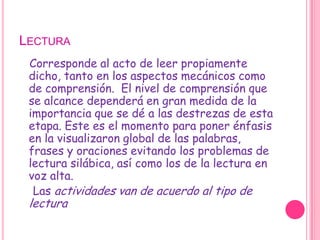 Lectura   Corresponde al acto de leer propiamente dicho, tanto en los aspectos mecánicos como de comprensión.  El nivel de comprensión que se alcance dependerá en gran medida de la importancia que se dé a las destrezas de esta etapa. Este es el momento para poner énfasis en la visualizaron global de las palabras, frases y oraciones evitando los problemas de lectura silábica, así como los de la lectura en voz alta.    Las actividades van de acuerdo al tipo de lectura