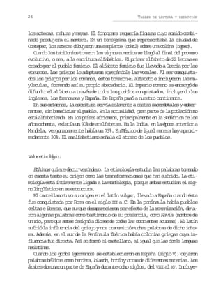 24

TALLER

DE LECTURA Y REDACCIÓN

los aztecas, nahuas y mayas. El fonograma requería figuras cuyo sonido combinado produjera el nombre. En un fonograma que representaba la ciudad de
C a e e ,l sa t c sd b j r nu as r i n e( ó t )s b eu ac l n ( e e )
otpc o zea iuao n epet cal or n oia tpc.
C a d l sb b l n o t m r nl ss g o s m r o s l e óa f n ld lp o e o
uno o aiois oao o ins ueis e lg l ia e rcs
evolutivo, o sea, a la escritura alfabética. El primer alfabeto de 22 letras es
creado por el pueblo fenicio. El alfabeto fenicio fue llevado a Grecia por los
etruscos. Los griegos lo adaptaron agregándole las vocales. Al ser conquistados los griegos por los romanos, éstos tomaron el alfabeto e incluyeron las mayúsculas, formando así su propio abecedario. El imperio romano se encargó de
difundir el alfabeto a través de todos los pueblos conquistados, incluyendo los
ingleses, los franceses y España. De España pasó a nuestro continente.
En sus orígenes, la escritura servía solamente a castas sacerdotales y gobernantes, sin beneficiar al pueblo. En la actualidad, gran parte de la población no
e t a f b t z d .E l sp í e a r c n s p i c p l e t e l S d f i ad l s
sá laeiaa n o ass fiao, rniamne n a uárc e o
años ochenta, existía un 90% de analfabetas. En la India, en la época anterior a
Mandela, vergonzosamente había un 73%. En México de igual manera hay aproximadamente 30%. El analfabetismo señala el atraso de los pueblos.

V l re i o ó i o
ao tmlgc
Ethimos quiere decir verdadero. La etimología estudia las palabras tomando
en cuenta tanto su origen como las transformaciones que han sufrido. La etimología está íntimamente ligada a la morfología, porque ambas estudian el sign l n ü s i oe s e t u t r .
o igítc n u srcua
El castellano tuvo su origen en el latín vulgar, llevado a España cuando ésta
fue conquistada por Roma en el siglo III a.C. En la península había pueblos
celtas e iberos, que aunque desaparecieron por efecto de la romanización, dejaron algunas palabras como testimonio de su presencia, como Navia (nombre de
u r o p r q ea t sd s g óad o e d t d sl sc r i n e a u s s .E l t n
n í, eo u ne ein iss e oa a orets coa) l aí
sufrió la influencia del griego y nos transmitió muchas palabras de dicho idioma. Además, en el sur de la Península Ibérica había colonias griegas cuya influencia fue directa. Así se formó el castellano, al igual que las demás lenguas
noaia.
eltns
Cuando los godos (germanos) se establecieron en España (siglo V), dejaron
palabras bélicas como bandera, blasón, botín y otras de diferentes materias. Los
árabes dominaron parte de España durante ocho siglos, del VIII al XV. Incluye-

 