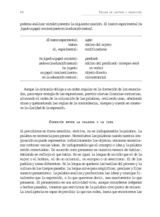 26

TALLER

DE LECTURA Y REDACCIÓN

p d m s a a i a s n á t c m n e l s g i n e o a i n El teatro experimental ha
oeo nlzr itciaet a iuet rcó:
j g d u p p lc n i n i a t e l e u a i nt a r l
uao n ae ocetzne n a dccó eta.

E tar eprmna:
l eto xeietl
tar:
eto
e ,e p r m n a :
l xeietl
h j g d u p p lc n i n i
a uao n ae ocetz n ee l e u a i nt a r l
at n a dccó eta:
ha jugado:
un papel concientizante:
e l e u a i nt a r l
n a dccó eta:

sjt
ueo
n c e d ls j t
úlo e ueo
modificadores
peiao
rdcd
núcleo del predicado (siempre será
un verbo)
ojt drco
beo iet
crusaca
icntnil

Aunque la sintaxis obliga a un orden regular en la formación de los enunciad s p r m y re e g ad l se p e i n s p r i ec e t sl c n i sc n r r a ,
o, aa ao nrí e a xrsoe, emt ira ieca otais
alterando el orden de la colocación de las palabras, omitiendo unas, añadiendo
otras y quebrantando las reglas de la concordancia, siempre y cuando se conserv l caia d l epein
e a lrdd e a xrsó.

CONEXIÓN

ENTRE LA PALABRA Y LA IDEA

Si percibimos en forma sensible, emotiva, no es indispensable la palabra. La
palabra es necesaria para pensar. Necesitamos las palabras cuando nuestra imaginación no puede representar indistintamente los objetos; entonces necesitamos combinar varias ideas. Es indispensable que el concepto o idea y la palabra
estén conectados. De acuerdo como pensamos es nuestra manera de hablar.
Hablando se refleja el que habla. No es igual la lengua de un niño que el de la
mujer o el hombre, el de un oriental, un europeo o un americano. El de los
pueblos y razas diferentes. En la lengua se quedaron las huellas del proceso y la
c l u ad l st e p sp s d s L l n u s r ep r s m l f c r p e i a yf j r
utr e o imo aao. a ega iv aa ipiia, rcsr ia
nuestro pensamiento. La palabra analiza y perfecciona las ideas y consigue finalmente que la expresión, o lo que queremos decir, sea exactamente lo que
pensamos. El pensamiento es una actividad viva; aunque recordemos imágenes
o hechos pasados, tenemos que servirnos de la palabra como punto de enlace.
La inteligencia es capaz de percibir lo que nos rodea, basta que encontremos las

 