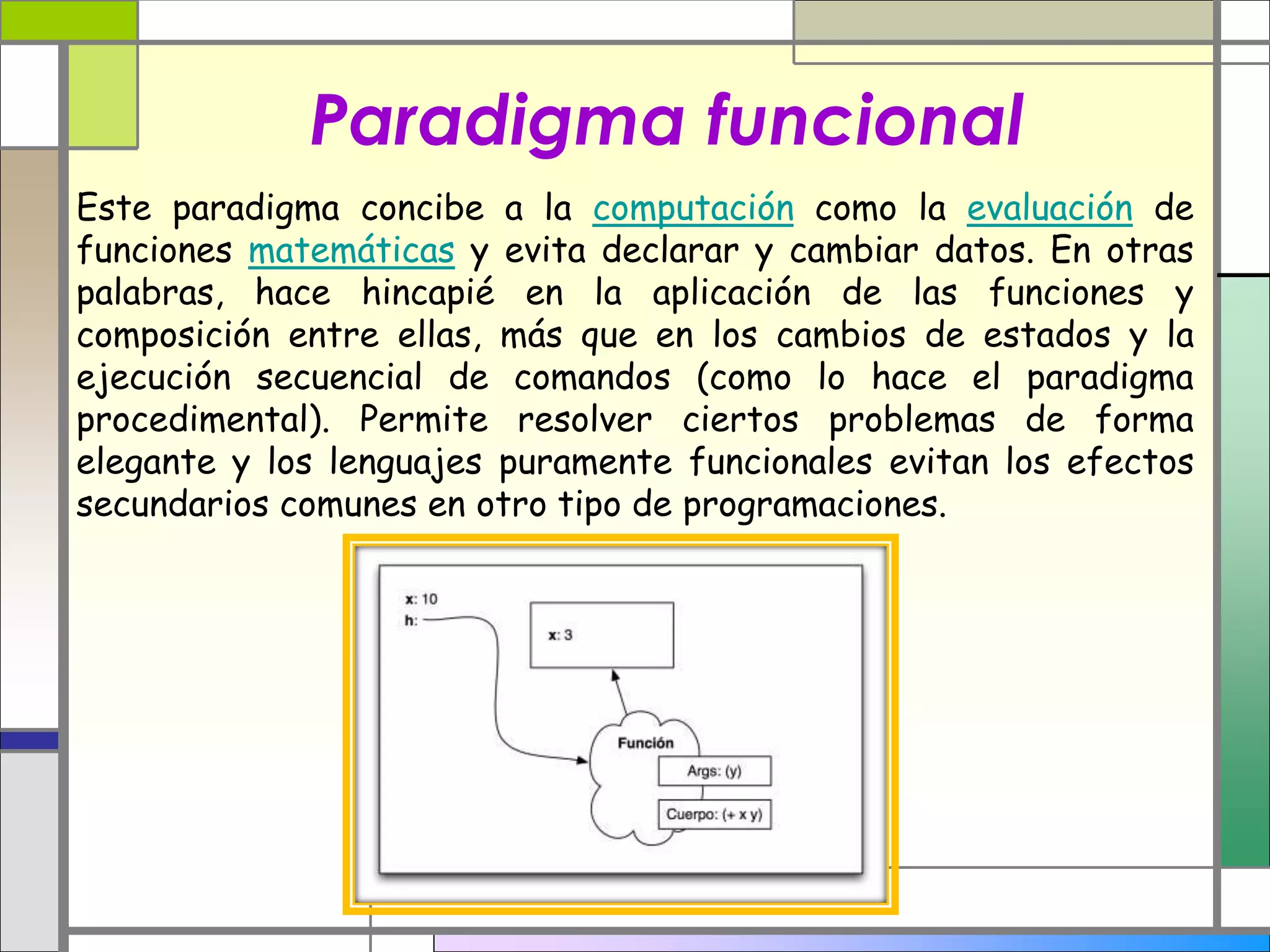 Paradigma funcional 
Este paradigma concibe a la computación como la evaluación de 
funciones matemáticas y evita declarar y cambiar datos. En otras 
palabras, hace hincapié en la aplicación de las funciones y 
composición entre ellas, más que en los cambios de estados y la 
ejecución secuencial de comandos (como lo hace el paradigma 
procedimental). Permite resolver ciertos problemas de forma 
elegante y los lenguajes puramente funcionales evitan los efectos 
secundarios comunes en otro tipo de programaciones. 
 