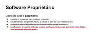 Software Proprietário
Liberdade após o pagamento:
➔
➔
➔
➔

executar o programa, para qualquer propósito;
estudar como o programa funciona e adaptá-lo para as suas necessidades;
redistribuir cópias de modo que você possa ajudar ao seu próximo;
aperfeiçoar o programa, e libertar os seus aperfeiçoamentos, para que deste modo, toda a
comunidade se beneficie deles.

 