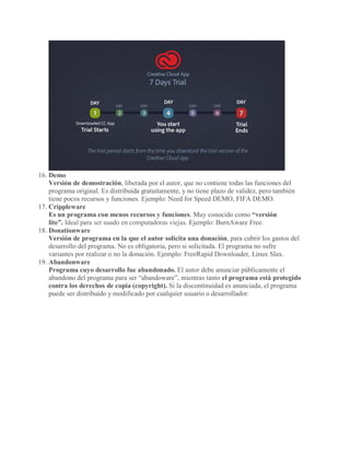 16. Demo
Versión de demostración, liberada por el autor, que no contiene todas las funciones del
programa original. Es distribuida gratuitamente, y no tiene plazo de validez, pero también
tiene pocos recursos y funciones. Ejemplo: Need for Speed DEMO, FIFA DEMO.
17. Crippleware
Es un programa con menos recursos y funciones. Muy conocido como “versión
lite”. Ideal para ser usado en computadoras viejas. Ejemplo: BurnAware Free.
18. Donationware
Versión de programa en la que el autor solicita una donación, para cubrir los gastos del
desarrollo del programa. No es obligatoria, pero si solicitada. El programa no sufre
variantes por realizar o no la donación. Ejemplo: FreeRapid Downloader, Linux Slax.
19. Abandonware
Programa cuyo desarrollo fue abandonado. El autor debe anunciar públicamente el
abandono del programa para ser “abandoware”, mientras tanto el programa está protegido
contra los derechos de copia (copyright). Si la discontinuidad es anunciada, el programa
puede ser distribuido y modificado por cualquier usuario o desarrollador.
 