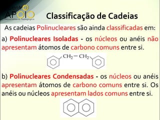 Classificação de Cadeias
As cadeias Polinucleares são ainda classificadas em:
a) Polinucleares Isoladas - os núcleos ou an...