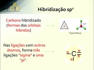 Hibridização sp   2



 Carbono hibridizado
 (formas dos orbitais
      híbridos)
                                Trigonal Planar




Nas ligações com outros
   átomos, forma três
ligações “sigma” e uma
          “pi”.
 