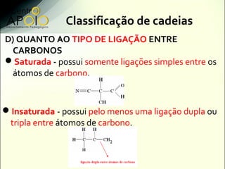 Classificação de cadeias
D) QUANTO AO TIPO DE LIGAÇÃO ENTRE
  CARBONOS
Saturada - possui somente ligações simples entre os
  átomos de carbono.


Insaturada - possui pelo menos uma ligação dupla ou
 tripla entre átomos de carbono.
 