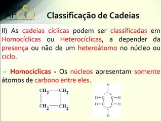 Classificação de Cadeias
II) As cadeias cíclicas podem ser classificadas em
Homocíclicas ou Heterocíclicas, a depender da
presença ou não de um heteroátomo no núcleo ou
ciclo.

→ Homocíclicas - Os núcleos apresentam somente
átomos de carbono entre eles.
 