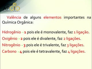 Valência de alguns elementos importantes na
Química Orgânica:

Hidrogênio 1 pois ele é monovalente, faz 1 ligação.
Oxigênio 2 pois ele é divalente, faz 2 ligações.
Nitrogênio 3 pois ele é trivalente, faz 3 ligações.
Carbono 4 pois ele é tetravalente, faz 4 ligações.
 