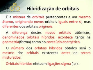 Hibridização de orbitais
  É a mistura de orbitais pertencentes a um mesmo
átomo, originando novos orbitais iguais entre si, mas
diferentes dos orbitais originais.
  A diferença destes novos orbitais atômicos,
denominados orbitais híbridos, acontece tanto na
geometria(forma) como no conteúdo energético.
 O número dos orbitais híbridos obtidos será o
mesmo dos orbitais existentes antes de serem
misturados.
  Orbitais híbridos efetuam ligações sigma ( σ ) .
 