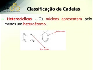 Classificação de Cadeias
→ Heterocíclicas - Os núcleos apresentam pelo
 menos um heteroátomo.
 