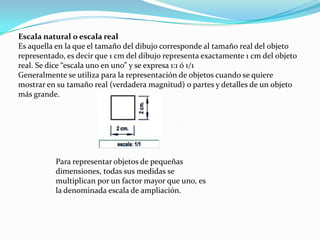 Escala natural o escala real
Es aquella en la que el tamaño del dibujo corresponde al tamaño real del objeto
representado, es decir que 1 cm del dibujo representa exactamente 1 cm del objeto
real. Se dice “escala uno en uno” y se expresa 1:1 ó 1/1
Generalmente se utiliza para la representación de objetos cuando se quiere
mostrar en su tamaño real (verdadera magnitud) o partes y detalles de un objeto
más grande.

Para representar objetos de pequeñas
dimensiones, todas sus medidas se
multiplican por un factor mayor que uno, es
la denominada escala de ampliación.

 