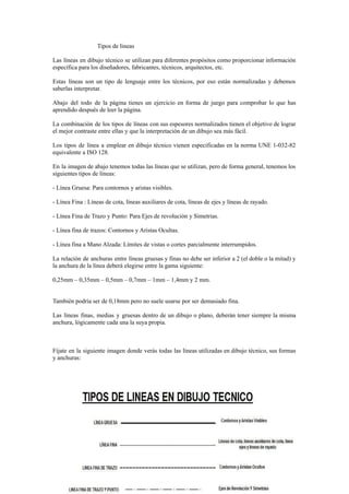 Tipos de lineas
Las líneas en dibujo técnico se utilizan para diferentes propósitos como proporcionar información
específica para los diseñadores, fabricantes, técnicos, arquitectos, etc.
Estas líneas son un tipo de lenguaje entre los técnicos, por eso están normalizadas y debemos
saberlas interpretar.
Abajo del todo de la página tienes un ejercicio en forma de juego para comprobar lo que has
aprendido después de leer la página.
La combinación de los tipos de líneas con sus espesores normalizados tienen el objetivo de lograr
el mejor contraste entre ellas y que la interpretación de un dibujo sea más fácil.
Los tipos de línea a emplear en dibujo técnico vienen especificadas en la norma UNE 1-032-82
equivalente a ISO 128.
En la imagen de abajo tenemos todas las líneas que se utilizan, pero de forma general, tenemos los
siguientes tipos de líneas:
- Línea Gruesa: Para contornos y aristas visibles.
- Línea Fina : Líneas de cota, líneas auxiliares de cota, líneas de ejes y líneas de rayado.
- Línea Fina de Trazo y Punto: Para Ejes de revolución y Simetrias.
- Línea fina de trazos: Contornos y Aristas Ocultas.
- Línea fina a Mano Alzada: Límites de vistas o cortes parcialmente interrumpidos.
La relación de anchuras entre líneas gruesas y finas no debe ser inferior a 2 (el doble o la mitad) y
la anchura de la línea deberá elegirse entre la gama siguiente:
0,25mm – 0,35mm – 0,5mm – 0,7mm – 1mm – 1,4mm y 2 mm.
También podría ser de 0,18mm pero no suele usarse por ser demasiado fina.
Las líneas finas, medias y gruesas dentro de un dibujo o plano, deberán tener siempre la misma
anchura, lógicamente cada una la suya propia.
Fíjate en la siguiente imagen donde verás todas las líneas utilizadas en dibujo técnico, sus formas
y anchuras:
 