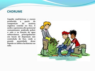 CHORUME

Líquido  malcheiroso  e  escuro 
produzido       a     partir     da 
composição         da     matéria 
orgânica  contida  no  lixo.  É 
ácido e apresenta alto potencial 
contaminante,  podendo  poluir 
o  solo  e  os  lençóis  de  água 
subterrâneos,  principalmente 
em  locais  de  deposição  não 
controlada  de  lixo,  onde  a 
grande      quantidade        desse 
líquido se infiltra facilmente no 
solo.
 