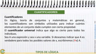 HeribertoMolinaCampaña–heribertomolinac@gmail.com-2016
Cuantificadores
En lógica, teoría de conjuntos y matemáticas en general,
los cuantificadores son símbolos utilizados para indicar cuántos
elementos de un conjunto dado cumplen con cierta propiedad.
El cuantificador universal indica que algo es cierto para todos los
individuos.
Sea A una expresión y sea x una variable. Si deseamos indicar que A es
verdadero para todos los posibles valores de x, escribiremos (∀x) A.
CUANTIFICADORES
 