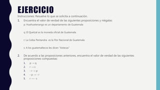EJERCICIO
Instrucciones: Resuelve lo que se solicita a continuación.
1. Encuentra el valor de verdad de las siguientes proposiciones y niégalas:
p: Huehuetenango es un departamento de Guatemala
q: El Quetzal es la moneda oficial de Guatemala.
r: La Ceiba Pentandra es la Flor Nacional de Guatemala
s: A los guatemaltecos les dicen “Aztecas”
2. De acuerdo a las proposiciones anteriores, encuentra el valor de verdad de las siguientes
proposiciones compuestas:
1. p → q
2. r → s
3. - r → p
4. - p → - r
5. r → - s
 