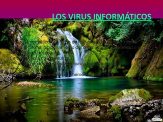 LOS VIRUS INFORMÁTICOS
Un virus informático es un tipo de malware que tiene por objeto
alterar el normal funcionamiento del ordenador sin el permiso o el
conocimiento del usuario.
Características de los virus:
1.Pueden hacer que el sistema nunca muestre signos de
infección
2.Pueden ser residentes en la memoria o no.
3.Pueden ser furtivos
4.Pueden traer otros virus.

 