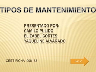 PRESENTADO POR:
CAMILO PULIDO
ELIZABEL CORTES
YAQUELINE ALVARADO
CEET-FICHA :908158 INICIO
 