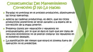 Consecuencias Del Mantenimiento
Correctivo Si No Lo Haces:
 Paradas no previstas en el proceso productivo, disminuyendo
las horas operativas.
 Afecta las cadenas productivas, es decir, que los ciclos
productivos posteriores se verán parados a la espera de la
corrección de la etapa anterior.
 Presenta costos por reparación y repuestos no
presupuestados, por lo que se dará el caso que por falta de
recursos económicos no se podrán comprar los repuestos en
el momento deseado.
 La planificación del tiempo que estará el sistema fuera de
operación no es predecible.
 