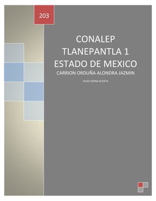 CONALEP
TLANEPANTLA 1
ESTADO DE MEXICO
CARRION ORDUÑA ALONDRA JAZMIN
HUGO SERNA ACOSTA
203
 