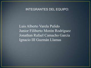 INTEGRANTES DEL EQUIPO:




Luis Alberto Varela Pulido
Junior Filiberto Morón Rodríguez
Jonathan Rafael Camacho García
Ignacio III Guzmán Llamas
 