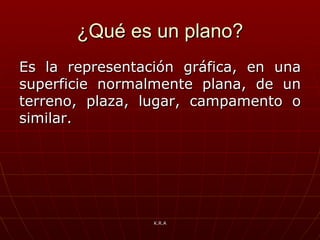 ¿Qué es un plano? Es la representación gráfica, en una superficie normalmente plana, de un terreno, plaza, lugar, campamento o similar.  K.R.A 