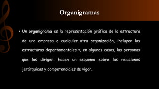 Organigramas
• Un organigrama es la representación gráfica de la estructura
de una empresa o cualquier otra organización, incluyen las
estructuras departamentales y, en algunos casos, las personas
que las dirigen, hacen un esquema sobre las relaciones
jerárquicas y competenciales de vigor.
 