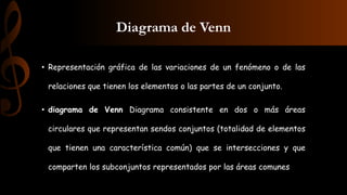 Diagrama de Venn
• Representación gráfica de las variaciones de un fenómeno o de las
relaciones que tienen los elementos o las partes de un conjunto.
• diagrama de Venn Diagrama consistente en dos o más áreas
circulares que representan sendos conjuntos (totalidad de elementos
que tienen una característica común) que se intersecciones y que
comparten los subconjuntos representados por las áreas comunes
 