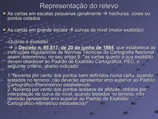 Representação do relevoRepresentação do relevo
As cartas em escalas pequenas geralmenteAs cartas em escalas pequenas geralmente  hachuras, cores ouhachuras, cores ou
pontos cotadospontos cotados
As cartas em grande escalaAs cartas em grande escala  curvas de nível (maior exatidão)curvas de nível (maior exatidão)
- Quanto à exatidão- Quanto à exatidão
 oo Decreto n. 89.817, de 20 de junho de 1984Decreto n. 89.817, de 20 de junho de 1984, que estabelece as, que estabelece as
instruções reguladoras de Normas Técnicas da Cartografia Nacional,instruções reguladoras de Normas Técnicas da Cartografia Nacional,
assim determinou, no seu artigo 8: "as cartas quanto à sua exatidãoassim determinou, no seu artigo 8: "as cartas quanto à sua exatidão
devem obedecer ao Padrão de Exatidão Cartográfica, PEC, odevem obedecer ao Padrão de Exatidão Cartográfica, PEC, o
seguinte critério, abaixo indicado:seguinte critério, abaixo indicado:
1. Noventa por cento dos pontos bem definidos numa carta, quando1. Noventa por cento dos pontos bem definidos numa carta, quando
testados no terreno, não deverão apresentar erro superior ao Padrãotestados no terreno, não deverão apresentar erro superior ao Padrão
Cartográfico-Planimétrico estabelecido.Cartográfico-Planimétrico estabelecido.
2. Noventa por cento dos pontos isolados de altitude, obtidos por2. Noventa por cento dos pontos isolados de altitude, obtidos por
interpolação de curva de nível, quando testados no terreno, nãointerpolação de curva de nível, quando testados no terreno, não
deverão apresentar erro superior ao Padrão de Exatidãodeverão apresentar erro superior ao Padrão de Exatidão
Cartográfico-Altimétrico estabelecido".Cartográfico-Altimétrico estabelecido".
 