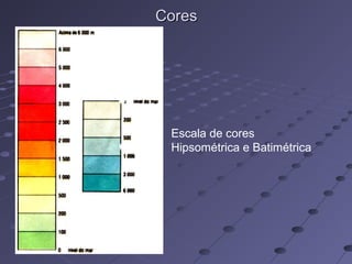 CoresCores
Escala de cores
Hipsométrica e Batimétrica
 
