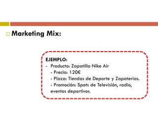  Marketing Mix:
EJEMPLO:
- Producto: Zapatilla Nike Air
- Precio: 120€
- Plaza: Tiendas de Deporte y Zapaterias.
- Promoción: Spots de Televisión, radio,
eventos deportivos.
 