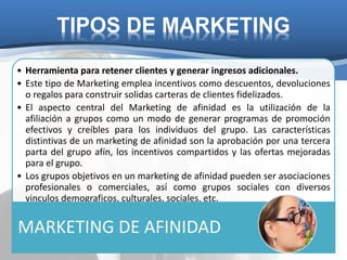 TIPOS DE MARKETING
• Herramienta para retener clientes y generar ingresos adicionales.
• Este tipo de Marketing emplea inc...