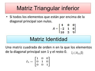 Matriz Triangular inferior
• Si todos los elementos que están por encima de la
diagonal principal son nulos.
Matriz Identidad
Una matriz cuadrada de orden n en la que los elementos
de la diagonal principal son 1 y el resto 0.
 