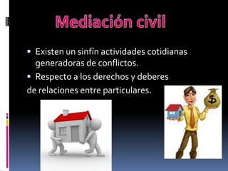 Existen un sinfín actividades cotidianas generadoras de conflictos.Respecto a los derechos y deberesde relaciones entre particulares.Mediación civil