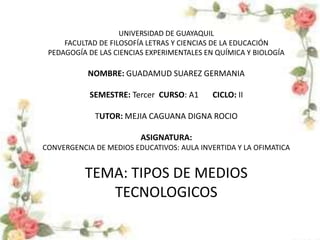 UNIVERSIDAD DE GUAYAQUIL
FACULTAD DE FILOSOFÍA LETRAS Y CIENCIAS DE LA EDUCACIÓN
PEDAGOGÍA DE LAS CIENCIAS EXPERIMENTALES EN QUÍMICA Y BIOLOGÍA
NOMBRE: GUADAMUD SUAREZ GERMANIA
SEMESTRE: Tercer CURSO: A1 CICLO: II
TUTOR: MEJIA CAGUANA DIGNA ROCIO
ASIGNATURA:
CONVERGENCIA DE MEDIOS EDUCATIVOS: AULA INVERTIDA Y LA OFIMATICA
TEMA: TIPOS DE MEDIOS
TECNOLOGICOS
 