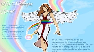Na Mitologia
Grega
Seu nome provém da mitologia
grega, onde Íris era uma deusa que
exercia a função de arauto divino. Em sua
tarefa de mensageira, a deusa deixava
um rastro multicolorido ao atravessar os
Íris era a personificação do
arco-íris e mensageira dos
deuses.
Como o arco-íris para unir
a Terra e o céu. Íris é a
mensageira dos deuses
para os seres humanos
 