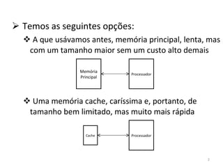 Temos as seguintes opções: A que usávamos antes, memória principal, lenta, mas com um tamanho maior sem um custo alto demais Uma memória cache, caríssima e, portanto, de tamanho bem limitado, mas muito mais rápida Memória Principal Processador Cache Processador 
