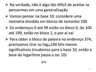 Na verdade, não é algo tão difícil de aceitar se pensarmos em uma generalização Vamos pensar na base 10: considere uma memória dividida em blocos de tamanho 100 Os endereços 0 até 99 estão no bloco 0, do 100 até 199, estão no bloco 1, e por aí vai Para obter o bloco da palavra no endereço 374, precisamos tirar os log₁₀100 bits menos significativos (mudamos para a base 10, então a base do logaritmo passa a ser 10) 3 74 