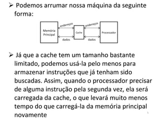 Podemos arrumar nossa máquina da seguinte forma: Já que a cache tem um tamanho bastante limitado, podemos usá-la pelo menos para armazenar instruções que já tenham sido buscadas. Assim, quando o processador precisar de alguma instrução pela segunda vez, ela será carregada da cache, o que levará muito menos tempo do que carregá-la da memória principal novamente Memória Principal Processador Cache endereços endereços dados dados 