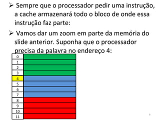 Sempre que o processador pedir uma instrução, a cache armazenará todo o bloco de onde essa instrução faz parte: Vamos dar um zoom em parte da memória do slide anterior. Suponha que o processador precisa da palavra no endereço 4: 0 1 2 3 4 5 6 7 8 9 10 11 
