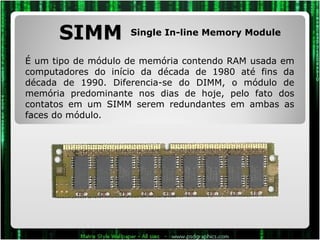 SIMM É um tipo de módulo de memória contendo RAM usada em computadores do início da década de 1980 até fins da década de 1990. Diferencia-se do DIMM, o módulo de memória predominante nos dias de hoje, pelo fato dos contatos em um SIMM serem redundantes em ambas as faces do módulo.  Single In-line Memory Module 