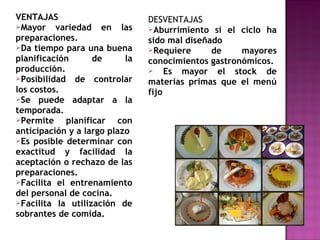VENTAJAS
Mayor variedad en las
preparaciones.
Da tiempo para una buena
planificación de la
producción.
Posibilidad de controlar
los costos.
Se puede adaptar a la
temporada.
Permite planificar con
anticipación y a largo plazo
Es posible determinar con
exactitud y facilidad la
aceptación o rechazo de las
preparaciones.
Facilita el entrenamiento
del personal de cocina.
Facilita la utilización de
sobrantes de comida.
DESVENTAJAS
Aburrimiento si el ciclo ha
sido mal diseñado
Requiere de mayores
conocimientos gastronómicos.
 Es mayor el stock de
materias primas que el menú
fijo
 