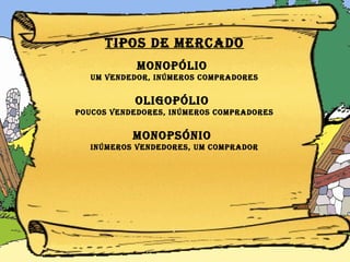 Tipos de MERCADO MONOPÓLIO   um vendedor, inúmeros compradores OLIGOPÓLIO   poucos vendedores, inúmeros compradores MONOPSÓNIO   inúmeros vendedores, um comprador 