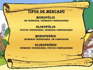 Tipos de MERCADO MONOPÓLIO   um vendedor, inúmeros compradores OLIGOPÓLIO   poucos vendedores, inúmeros compradores MONOPSÓNIO   inúmeros vendedores, um comprador OLIGOPSÓNIO  inúmeros vendedores, poucos compradores 