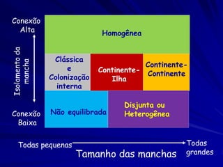 Conexão
  Alta                        Homogênea
Isolamento da




                 Clássica
   mancha




                     e                    Continente-
                              Continente- Continente
                Colonização      Ilha
                  interna

                                    Disjunta ou
Conexão         Não equilibrada     Heterogênea
 Baixa

    Todas pequenas                                  Todas
                       Tamanho das manchas          grandes
 
