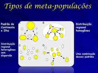 Tipos de meta-populações

Padrão de            Distribuição
Continente           regional
e Ilha               homogênea



Distribuição
regional
heterogênea
sem                  Uma combinação
dispersão            desses padrões
 
