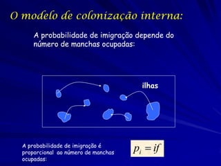 O modelo de colonização interna:
      A probabilidade de imigração depende do
      número de manchas ocupadas:




                                        ilhas




  A probabilidade de imigração é
  proporcional ao número de manchas
                                      pi  if
  ocupadas:
 
