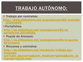  Trabajo por contratos:
http://www.slideshare.net/evalopezcano92/contrato
-20203555
Portafolios:
http://es.slideshare.net/evalopezcano92/el-
portafolios-20149281
 Puzzle de Aronson:
http://es.slideshare.net/evalopezcano92/el-puzzle-
de-aronson
 Rincones y contratos:
http://es.slideshare.net/marbocos/trabajo-por-
rincones-
ucv?utm_source=ss&utm_medium=upload&utm_ca
mpaign=quick-view
TRABAJO AUTÓNOMO:
 