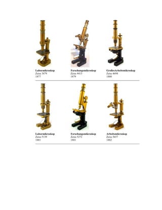 Labormikroskop
Zeiss 3479
1877

Forschungsmikroskop
Zeiss 4415
1879

GroßesArbeitsmikroskop
Zeiss 4694
1880

Labormikroskop
Zeiss 5139
1881

Forschungsmikroskop
Zeiss 5272
1881

Arbeitsmikroskop
Zeiss 5657
1882

 