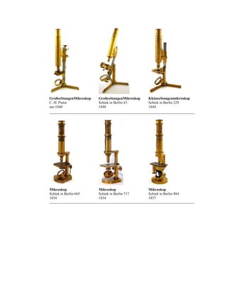 GroßesStangenMikroskop
C. H. Pistor
um 1840

GroßesStangenMikroskop
Schiek in Berlin 63
1840

KleinesStangenmikroskop
Schiek in Berlin 229
1844

Mikroskop
Schiek in Berlin 665
1854

Mikroskop
Schiek in Berlin 717
1854

Mikroskop
Schiek in Berlin 884
1857

 